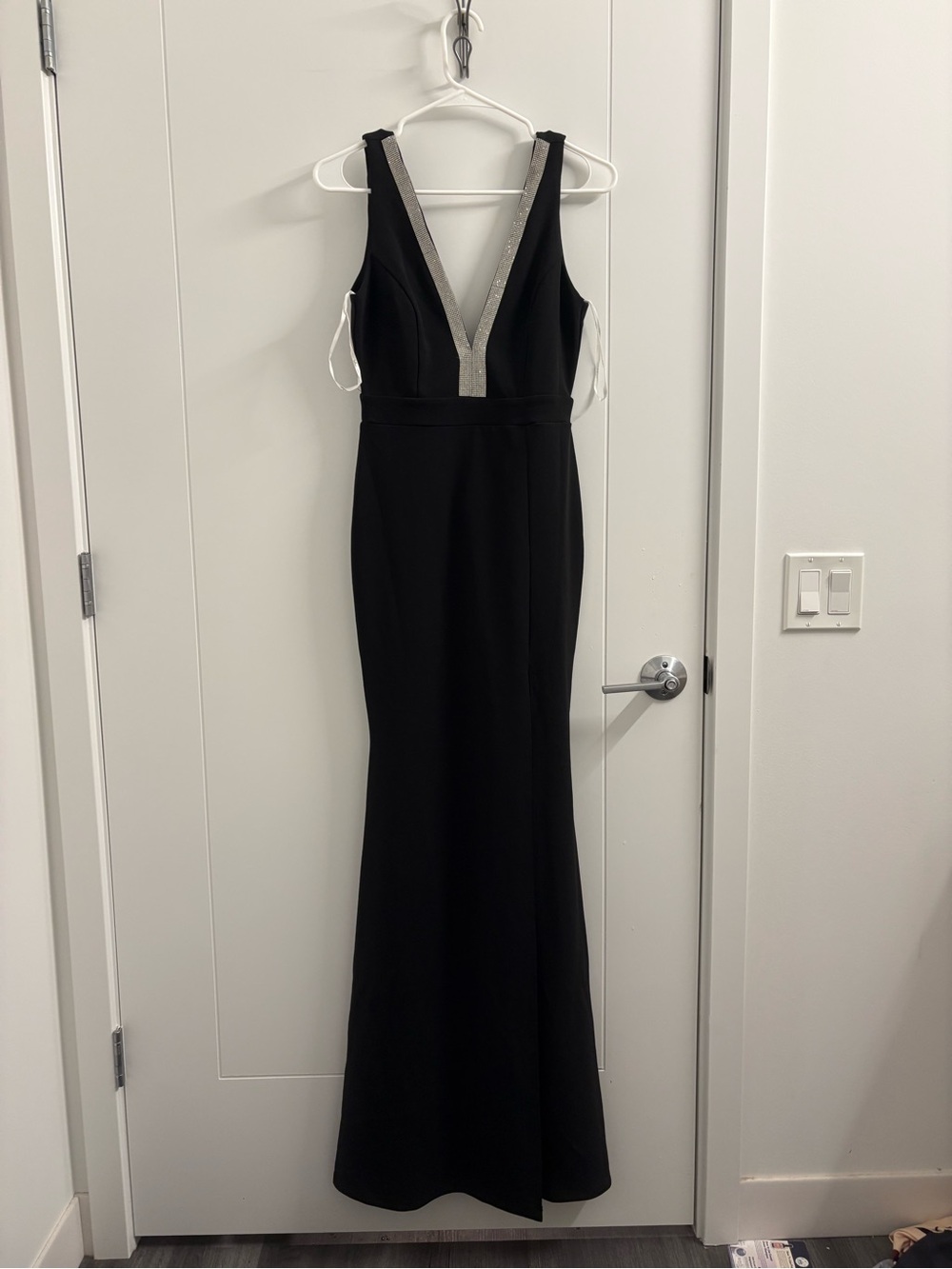 Lulu's Black Prom Gown with Silver V-Neck Trim